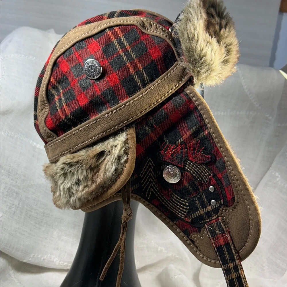 True Religion plaid winter hat with ear covers
